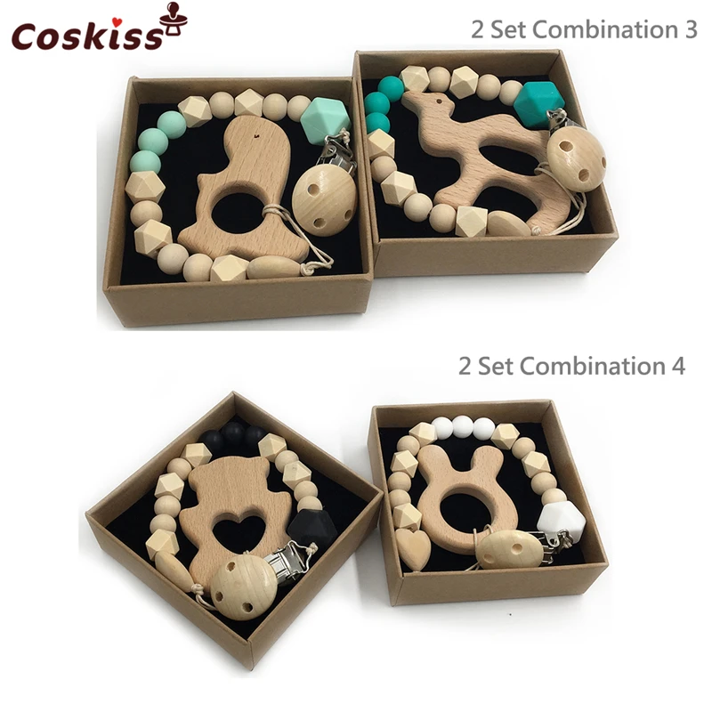 Mordedor de madera org&aacute;nico para beb&eacute;, dentici&oacute;n Natural de agarre de juguete, cuentas de silicona, regalo para reci&eacute;n nacido, 2 uds.-1
