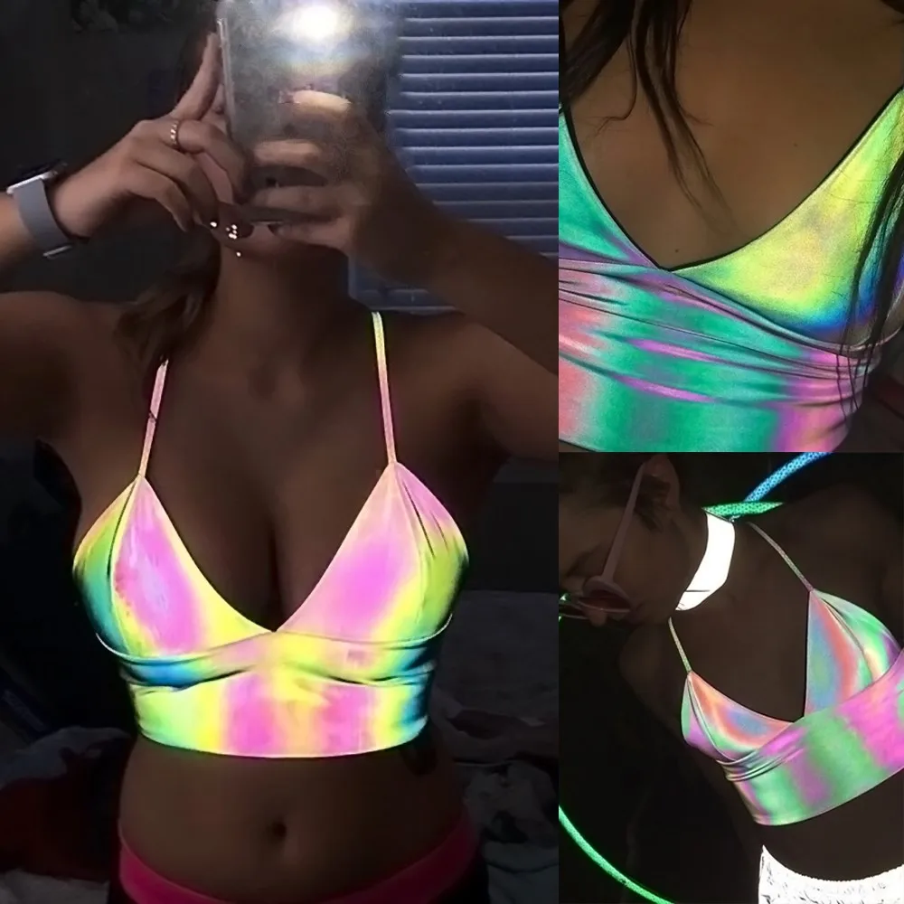 Sexy Fluorescent Reflective Party Club Outfits Wire-Free Bra Lingerie Vest Nightclub Bustier Crop Bodysuit Top T-shirt Clubwear | Женская