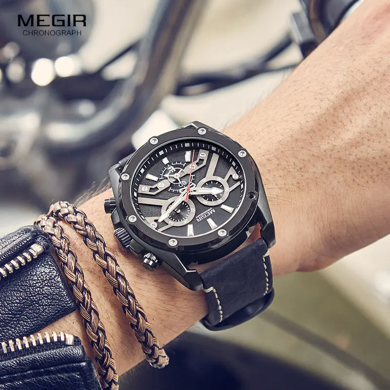 MEGIR спортивные кварцевые часы для мужчин кожаный ремешок военный хронограф