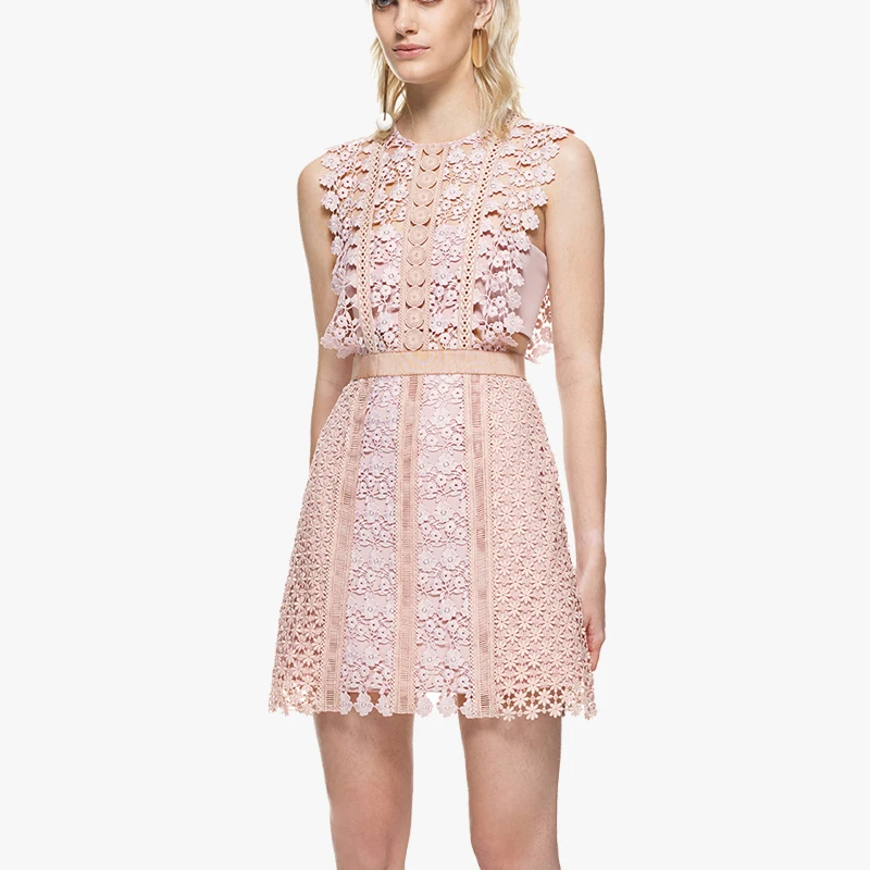 HAMALIEL подиумное летнее платье 2018 розовое кружевное без рукавов в стиле пэчворк с