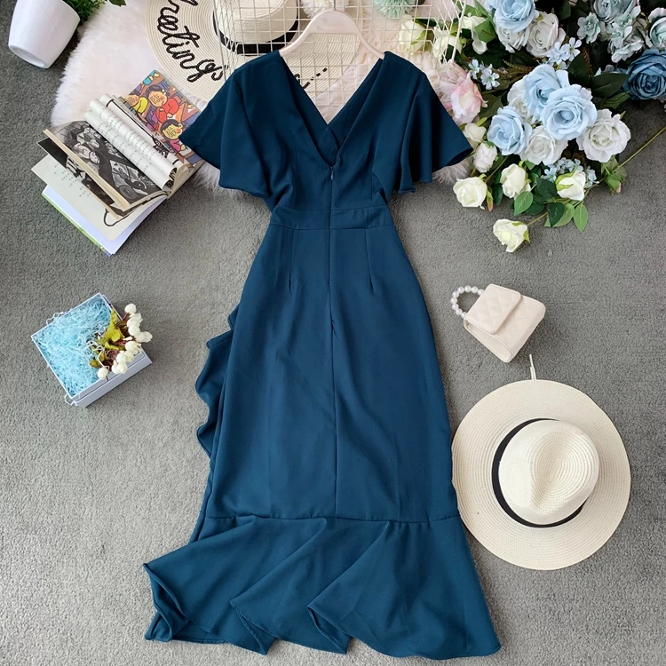 Платье женское с треугольным вырезом высокой талией и коротким рукавом | Женская