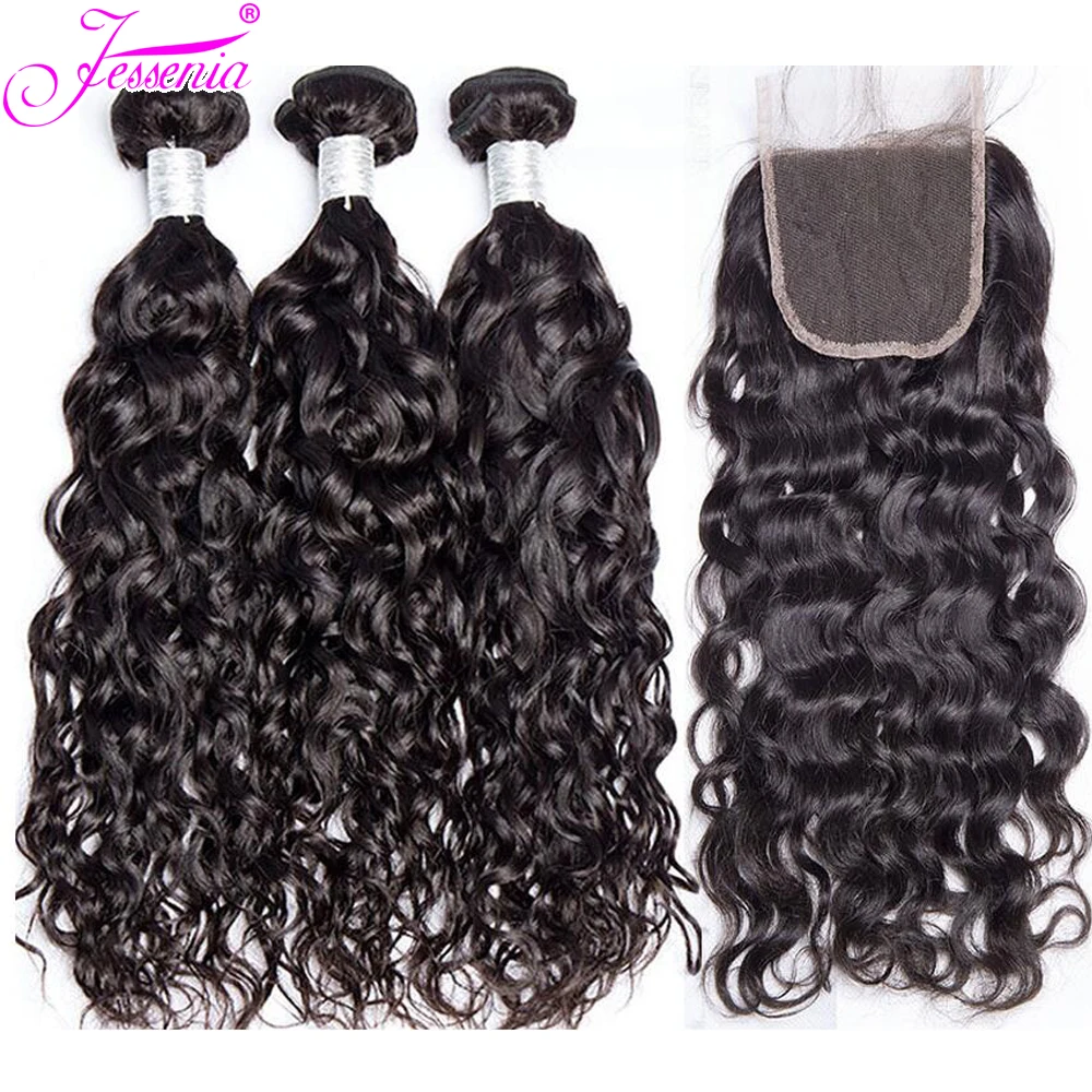 Волна воды пучок s с закрытием шнурка Связки малайзийских волос Remy человеческих 4