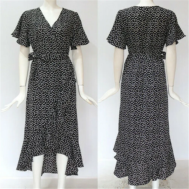 Женское летнее платье с запахом в горошек шифоновые длинные платья пляжная