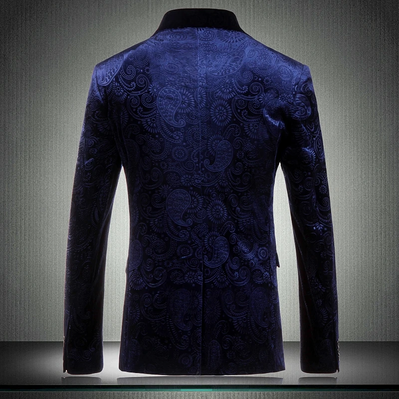 Осень-зима цветочный блейзер Для мужчин Slim Fit синий Блейзер Свадебный костюм куртка Повседневное пиджаки этап праздничная одежда M-3XL