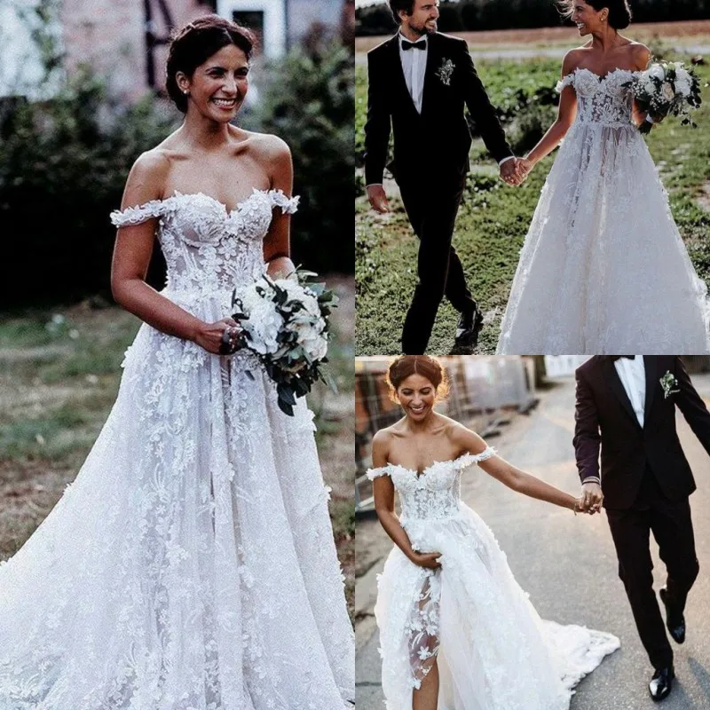 

Country Boho Lace Wedding Dresses 2021 vestido de noiva Off The Shoulder Wedding Gowns Side Split Handmade trouwjurk Bride Dress