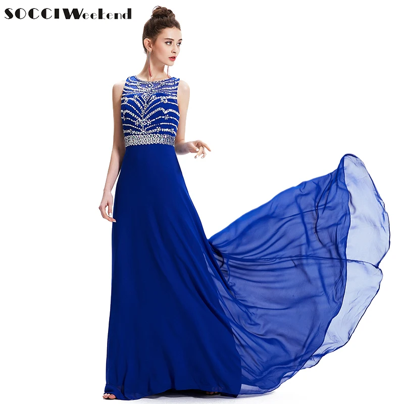 SOCCI 2018 Королевское синее шифоновое длинное вечернее платье с круглым вырезом