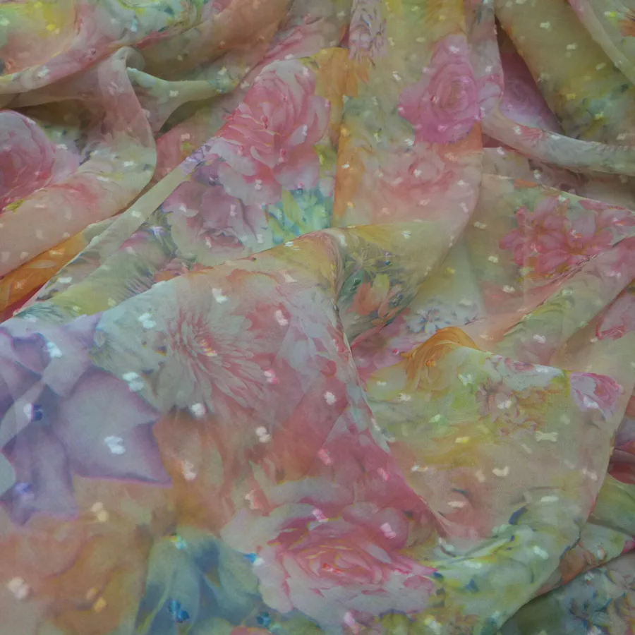 Швейцарская шифоновая ткань в горошек с цветочным принтом мягкая дышащая для