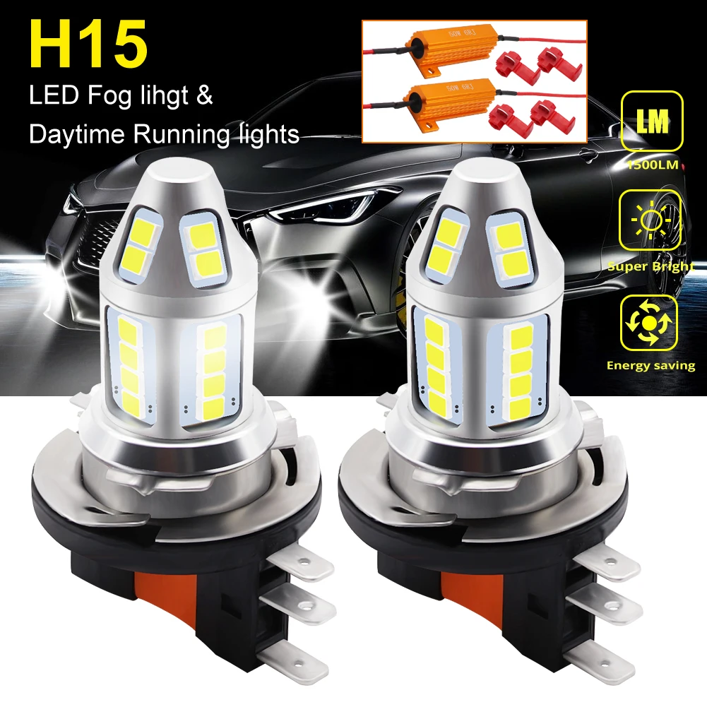 

2pcs H15 LED Car Fog Lamp 150W with Decoder High Power 3030 30 Chip White Waterproof Auto Front Headlamp Fog Driving Lights 12V