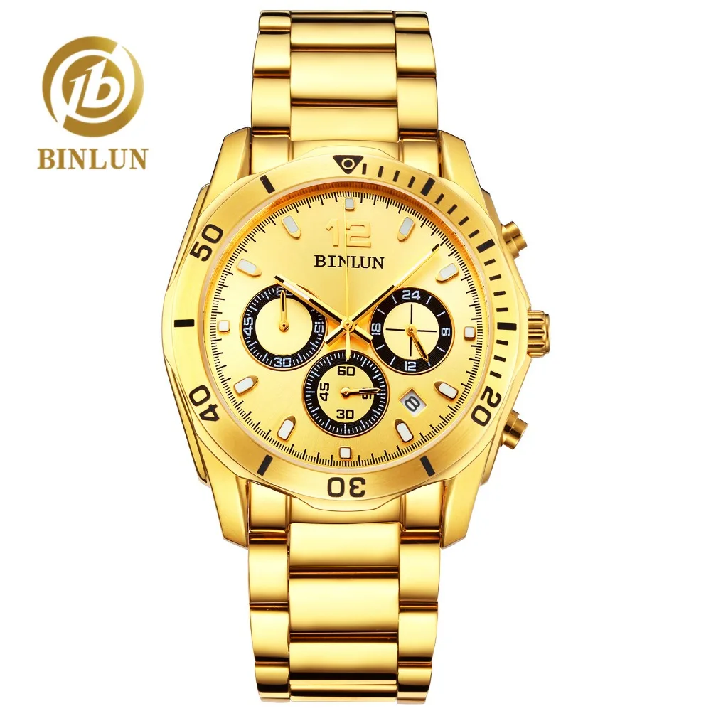 BINLUN Роскошные деловые мужские кварцевые часы с тремя циферблатами прочные