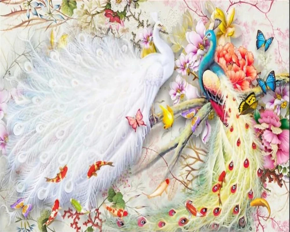 Обои на заказ 3d фотообои богатая птица Акварель Павлин Фигурка пиона цветок