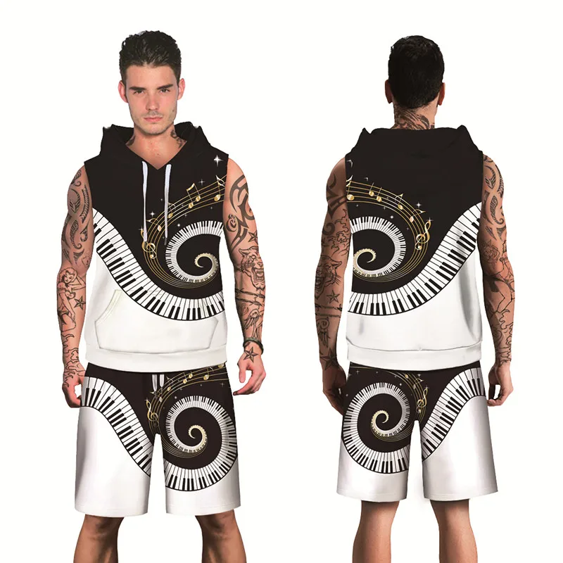 

2019 autumn men's fashion hip hop print music notation 3D breathable polyester sleeveless hoodies and knee length shorts sets
