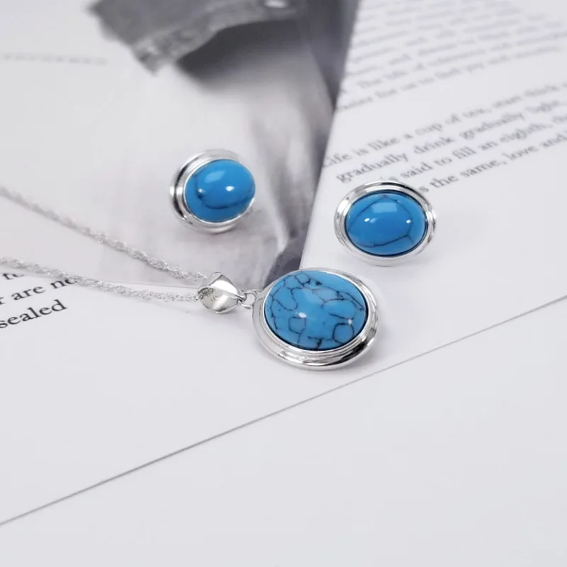 SA SILVERAGE, 925 пробы, серебряное, бирюзовое, круглое ожерелье/серьги-гвоздики/кольца, ювелирные наборы для женщин, 925 Серебряные наборы, две серии