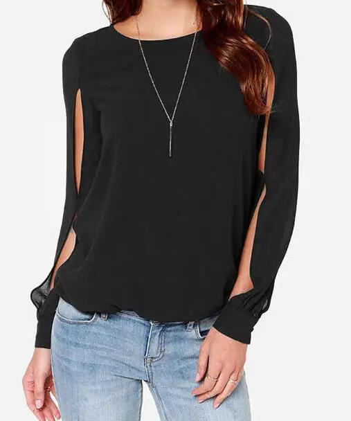 

autumn large size 5XL Solid color Female T-shirt top Cuff bifurcation chiffon long-sleeved T-shirt women's clothing