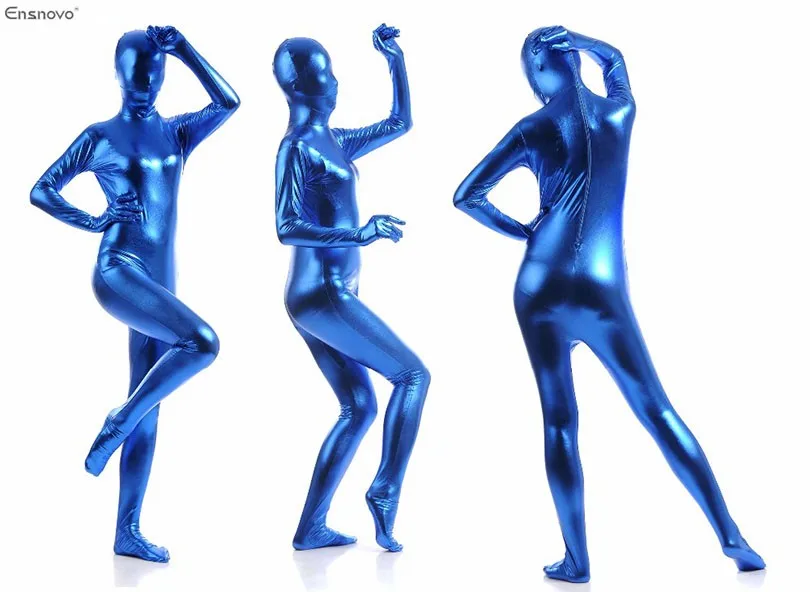 Ensnovo комбинезон Женщины Zentai телесный полный боди черный блестящий металлик Zentai косплей костюм дешевый комбинезон из лайкры Unitard