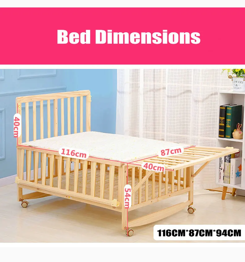 Multifunctional Twins Bed With Bedding Set and Mosquito Net, Bed can Extend and can Joint With Adult Bed, Pine Wood Baby Crib