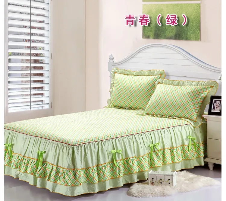 100% хлопок кружевной бант bedskirt молодежи зеленый в клетку Корейском стиле для