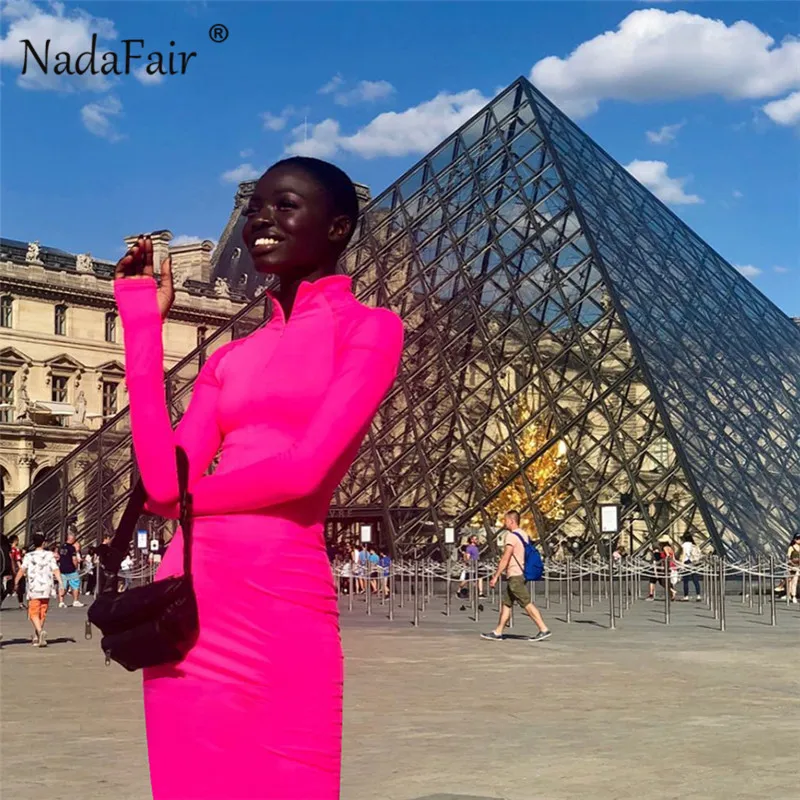 Nadafair, водолазка, миди, платье-карандаш, женское, черное, с длинным рукавом, на молнии, облегающее платье, уличная одежда, панк, зима, осень, платье для женщин