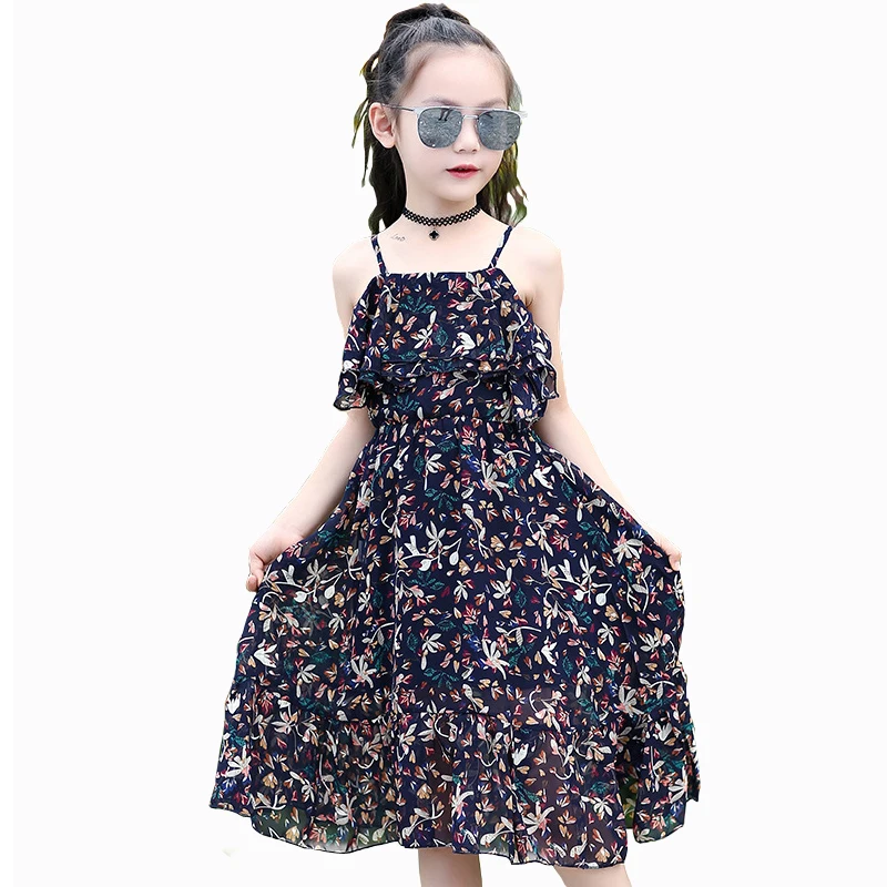 

Girls Sundress Kids Sleeveless Print Dresses Infantil Vestdios Girls Condole Belt Chiffon Dress Girls Beach Shoulderless Dresses