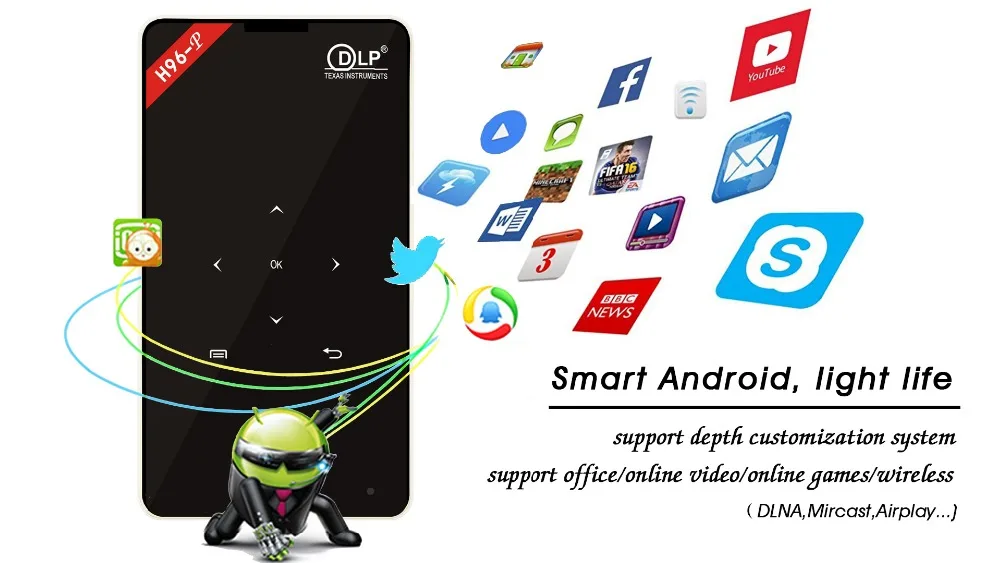 H96-p проектор android карманный pico проектор H96 dlp Мини проектор 2G 16G amlogic S905 4K 2,4G 5,8G Wifi BT4.0 домашний кинотеатр