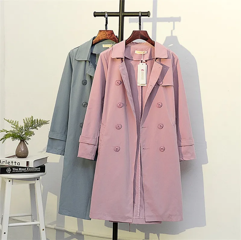 Plus size 5XL Cotton Trench Coat Women Spring Autumn Solid color Double-breasted Long Windbreaker Casual Tops Female Trench
