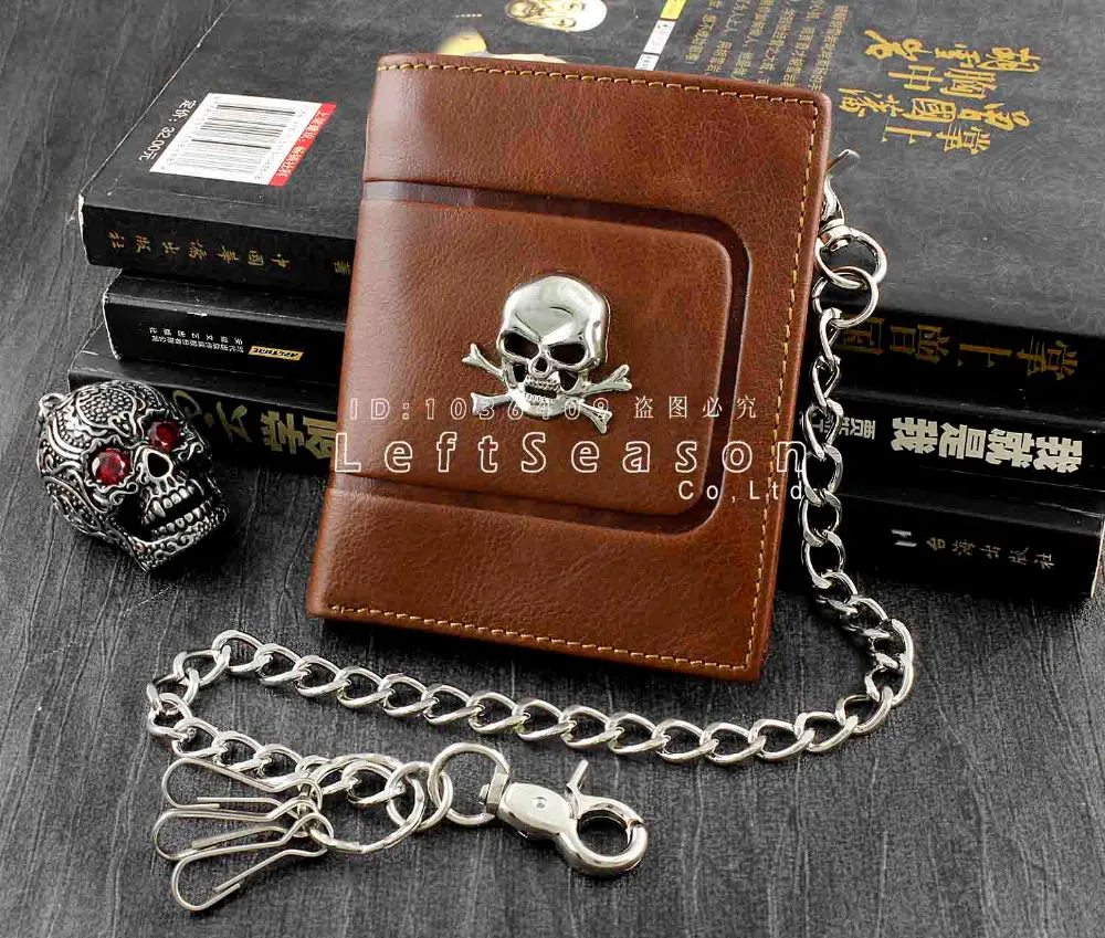 Череп Панк Байкер Кожа Сеть Кошелек Для Мальчиков мужская Браун | Багаж и сумки