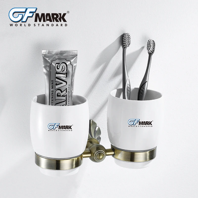 

GFmark Antique Double Cup Holders With Ceramic Cup Copper Base Badkamer Accesoires Wall Mounted Gobelet Dent Bathroom Cup Holder