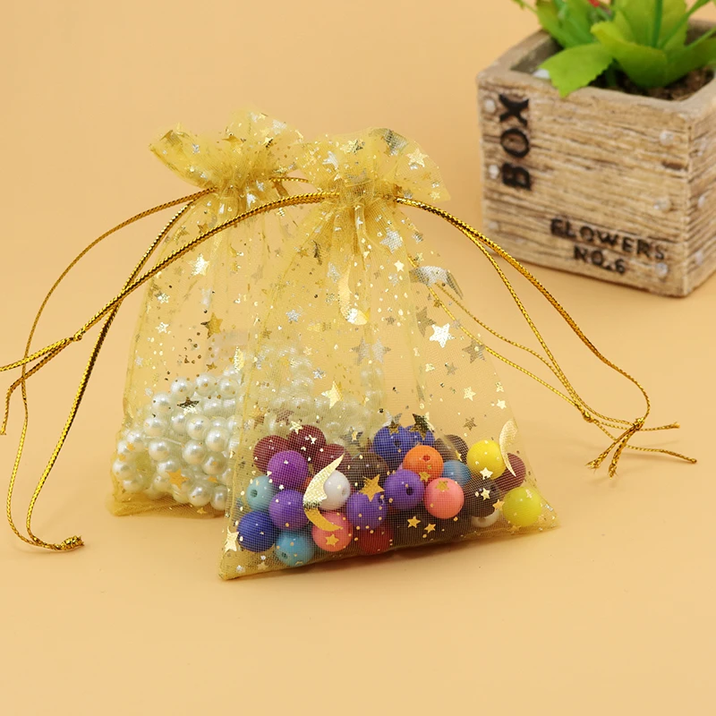 

Free Shipping Wholesale 200pcs/lot 7x9cm Gold Star Moon Christmas /Wedding Drawable Organza Voile Gift Packaging Bags&Pouches