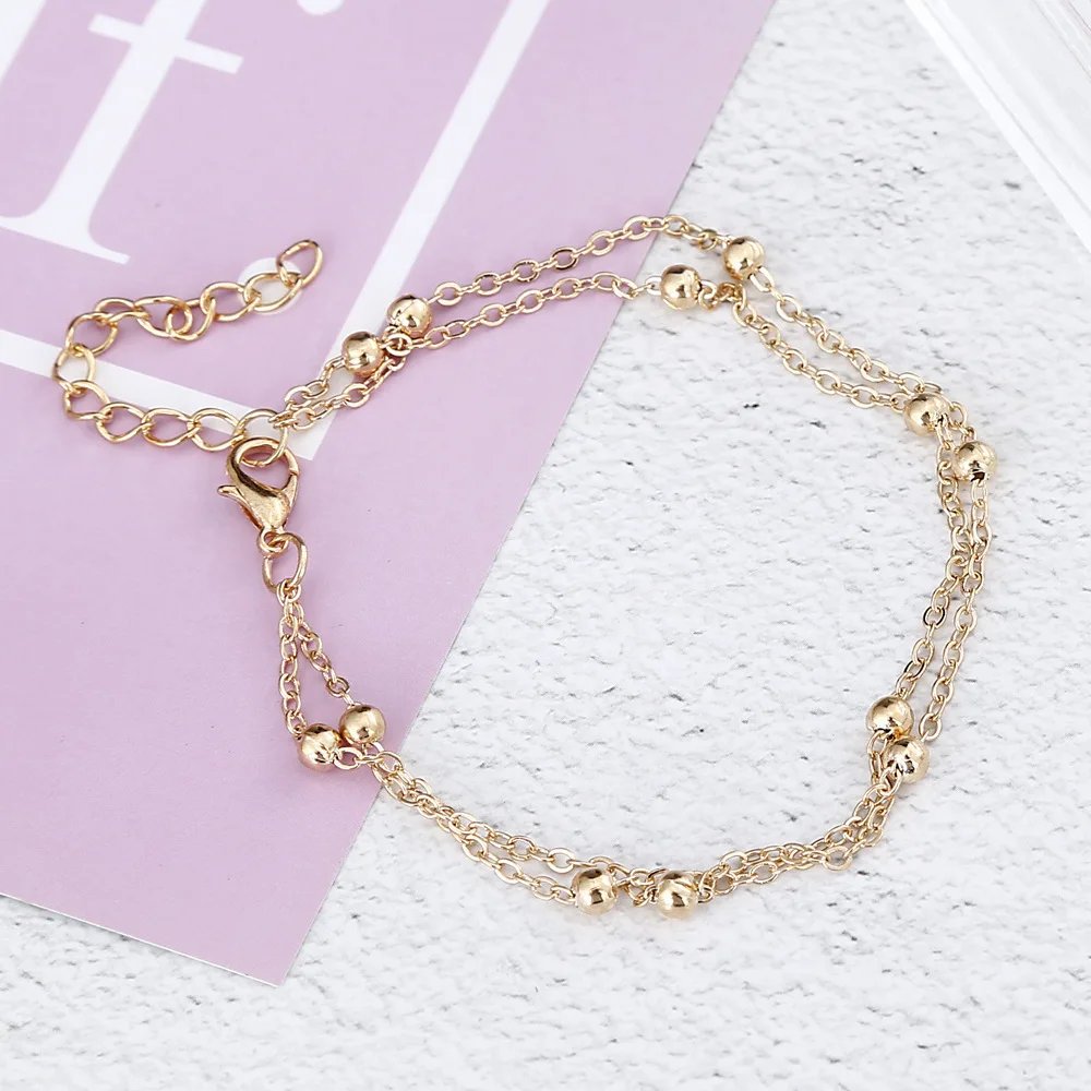 ZVZO Gold Silver Chic Concise Double Layer Bridal Wedding Anklets Chain Charm Beads Leg Bracelet Anklet Foot Jewelry For Women | Украшения