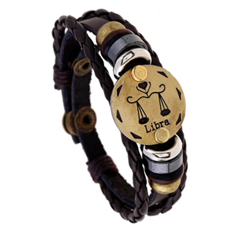12 созвездий кожаный браслет подарок на день рождения тканый с регулируемой