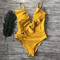 sexy one piece swimsuit women swimwear push up monokini ruffle bathing suit high waist beach wear yellow swimsuit fused female