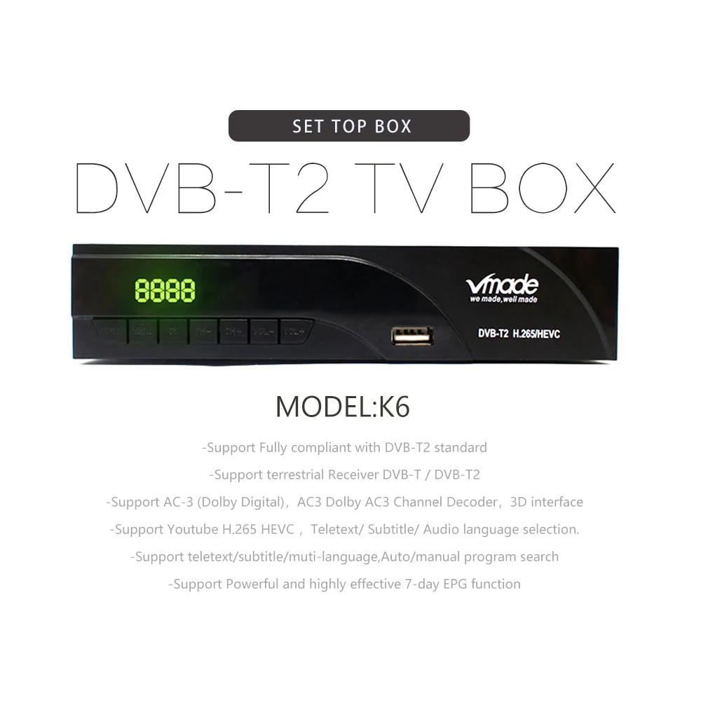 Vmade H.265 AC3 MPEG-4 DVB-T2 цифровая ТВ коробка Dvb-T2 наземный приемник Dvb T2 k6 телевизионная