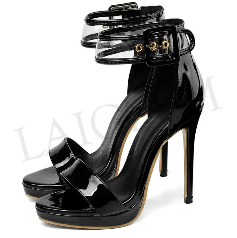 LGZ140 Black Patent LAIGZEM СУПЕР Ёенщин сандалии лодыжки ремень шпильках высокие каблуки сандалии перо летом участник Показать обувь Ёенщина пере Одевания косплей малый босоножки сандали женскиеь женская летняя плюс малый размер 33-52 - Цвет: LGZ140 Black Patent