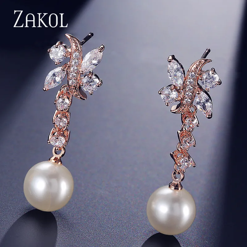 Женские серьги капельки ZAKOL с искусственным жемчугом и кубическим цирконием