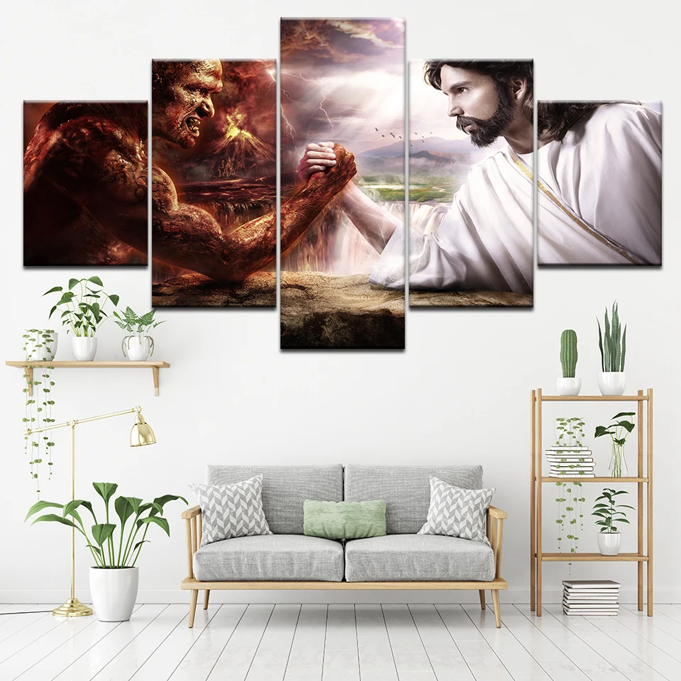 HD print 5 pcs canvas wall art jesus vs satan painting home decor for living room picture artwork | Дом и сад