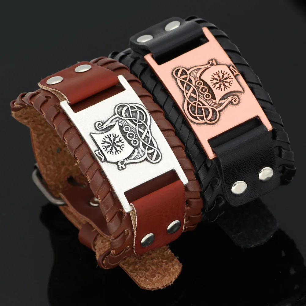 Скандинавский Викинг Дракон корабль vegvisir odin кожаный браслет амулет регулируемый