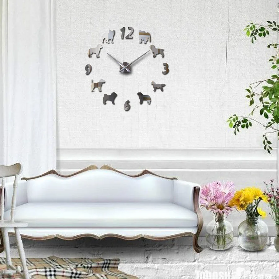 018 new arrival Clock Watch Wall Clocks Horloge 3d Dog pattern Acrylic Mirror Stickers modernHome Decoration Living Room Quartz | Дом и сад