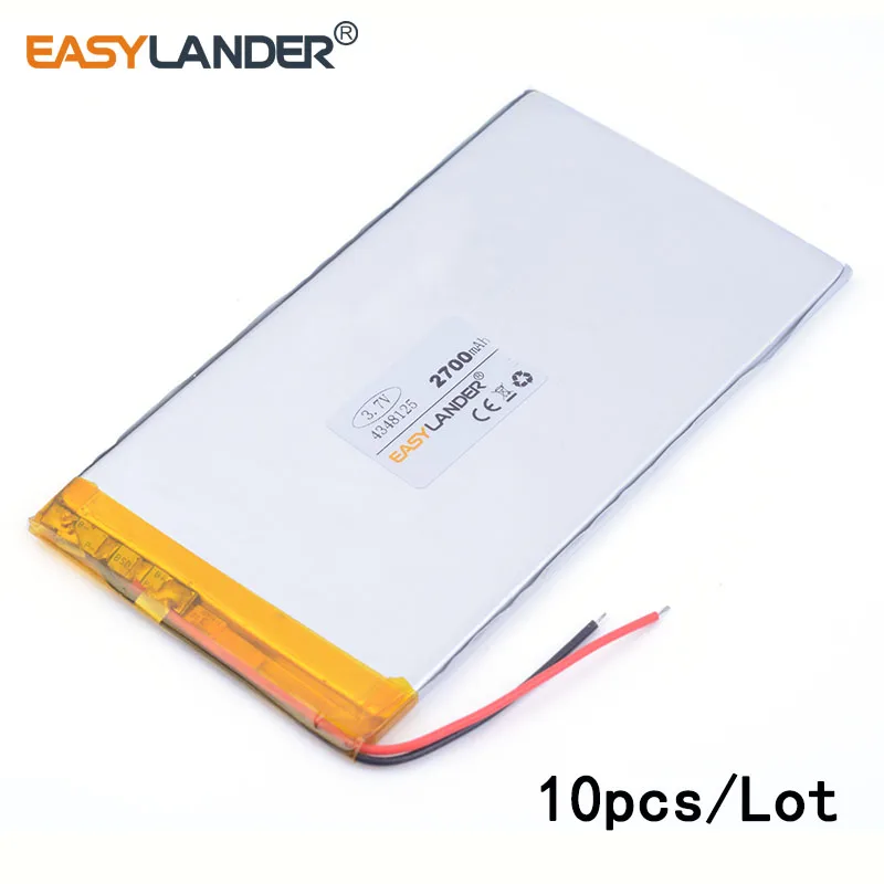 10 шт./лот 3 7 V 2700mAH 4348125 литий ионная полимерная аккумуляторная батарея для