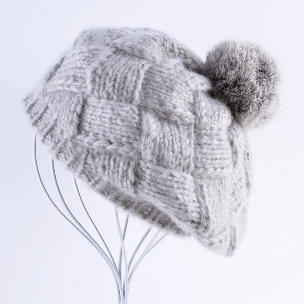 Зима Для женщин Береты для с натуральной кроличьей шерстью вязаной шерсти