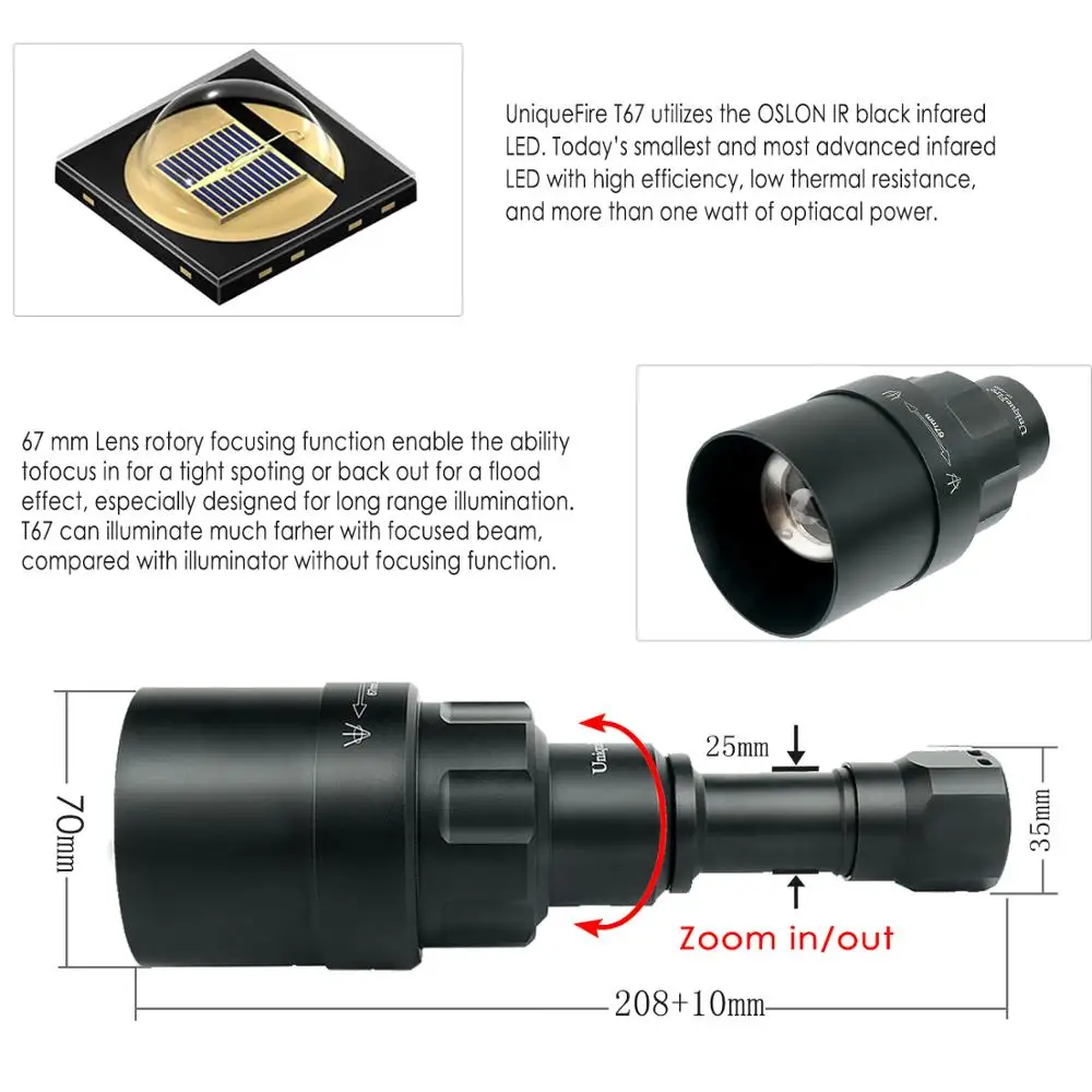 UniqueFire 1605 USB Перезаряжаемый T67 IR 940nm светодиодный фонарик инфрасветильник свет 67 мм