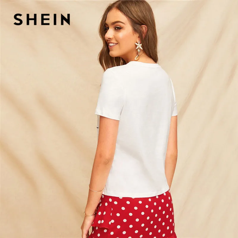 SHEIN женская простая футболка с круглым вырезом и графическим принтом Летняя Повседневная Минималистичная женская футболка с коротким рукавом и надписью Топы