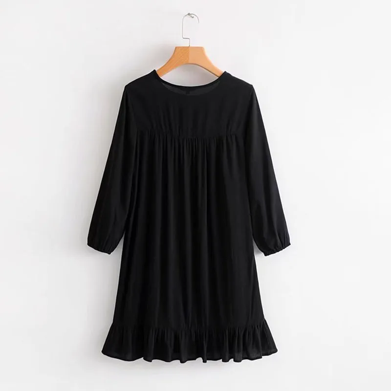 Bella Philosophy 2018 winter women loose dress female three quarter above knee embroidery black cotton | Женская одежда