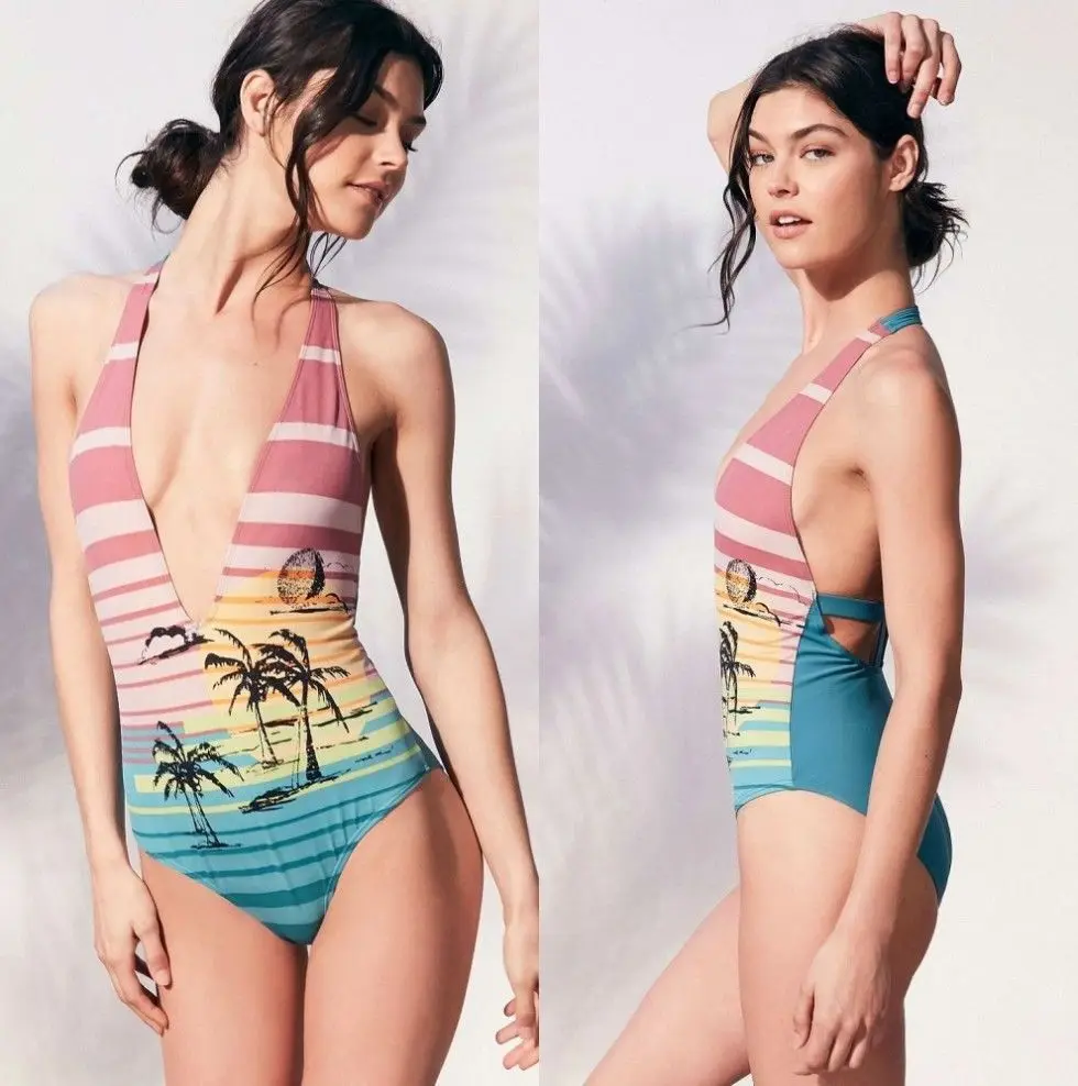 Сексуальный женский цельный комплект бикини с принтом бандажный купальник