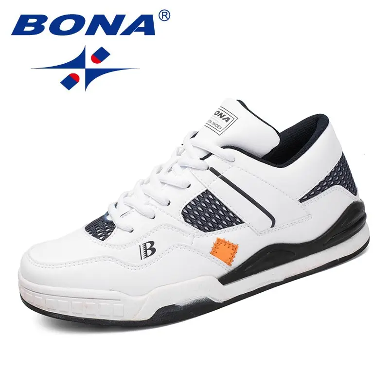 WHITE DEEP BLUE BONA/Новинка; классическая Стильная мужская обувь для скейтбординга; Мужская Спортивная обувь на шнуровке; Уличная обувь для бега; кожаные мужские кроссовки - Цвет: WHITE DEEP BLUE