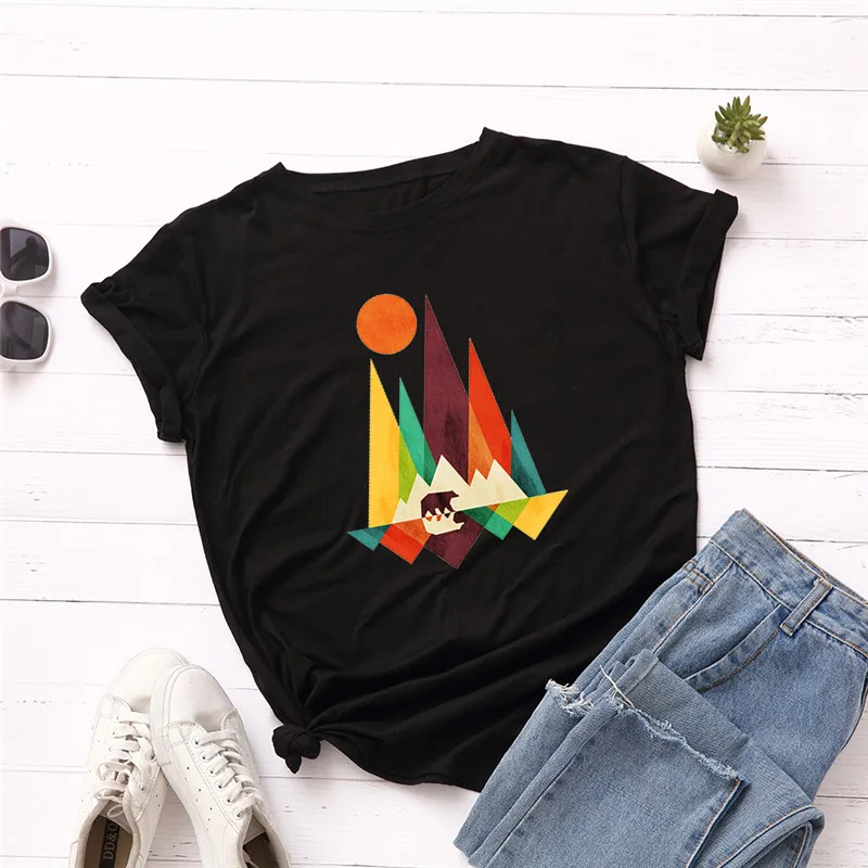 Женская футболка размера плюс S-5XL, новинка, принт с Горным принтом, хлопок, круглый вырез, короткий рукав, летняя футболка, топы, солнечные футболки, женские футболки