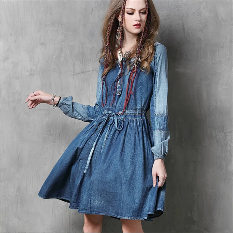 Винтажное хлопковое женское платье Ковбойское с вышивкой Длинные рукавами