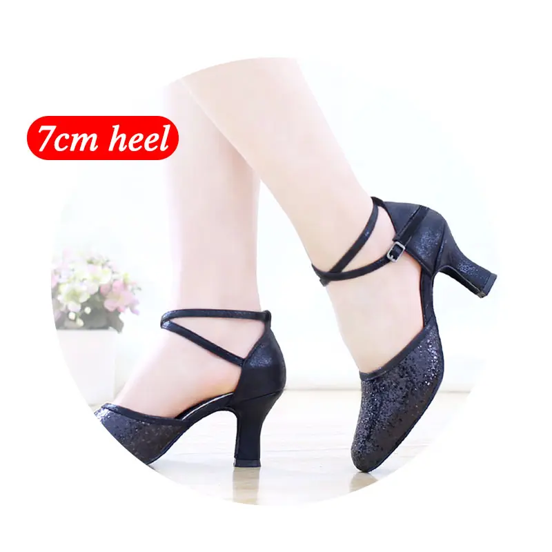 Black 7cm heel Для женщин платье для латинского Танго, Обувь для танцев черного и золотого цвета с блестками для бальных танцев сальса вечерние танцевальные туфли для девушек и женщин, на высоком каблуке, 5/7 см мягкая подошва - Цвет: Black 7cm heel
