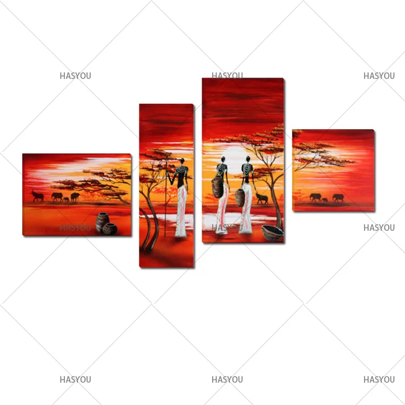 

Картина маслом на холсте с изображением танцующих женщин, африканского восхода солнца, пейзажа, без рамки, 4 шт./компл., 100%