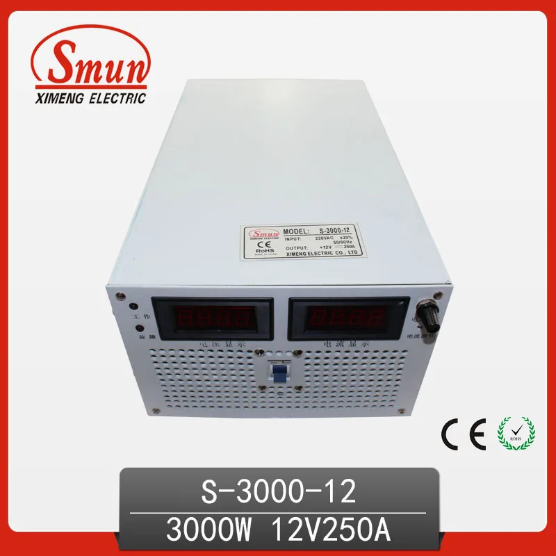 

SMUN 3000W 12V 250A Single Output AC/DC Switching Mode Power Supply SMPS For Industrial Control System And Charger