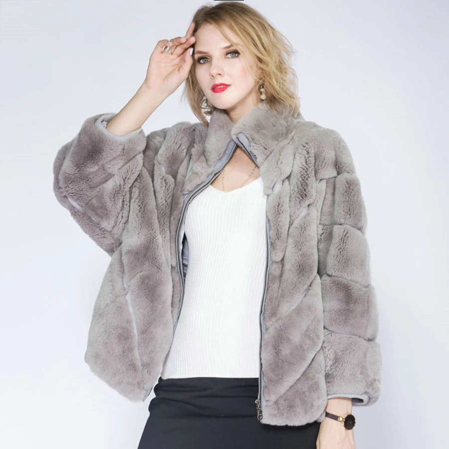 2022 Hot Woman Real Rex Rabbit Fur Coat,winter Stand Collar Short Section Thick Coat, Bat Sleeve Ladies Coat  Fur Coat Plus Size