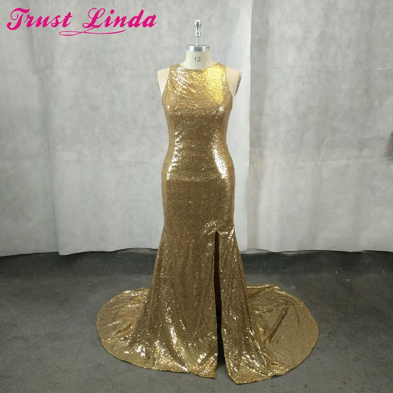 

Shining Gold Sequin Mermiad Bridesmaid Dresses Sexy Side Split Long Simple Maid of Honor Dress